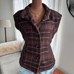CAbi Wool Blend Tweed Sleeveless Vest Brown Plaid Button Front Size Small